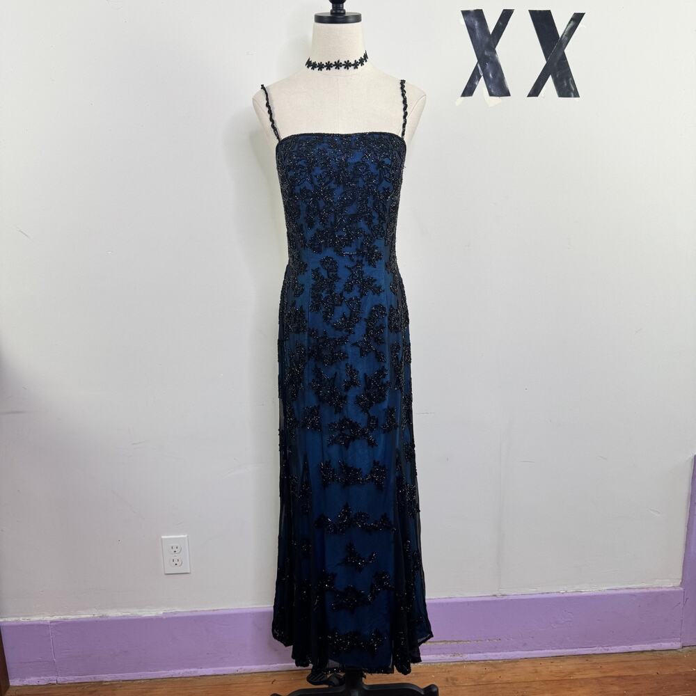 Vintage Cache Black Silk Chiffon Beaded Slip Dress Blue Lining Square Neck 90s M